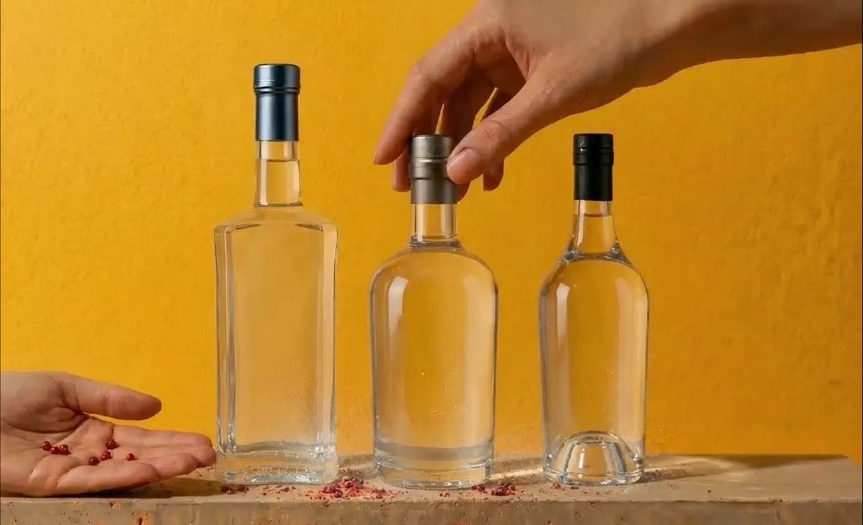 Hand reaches for a clear liquor bottle amidst two others on a yellow background.