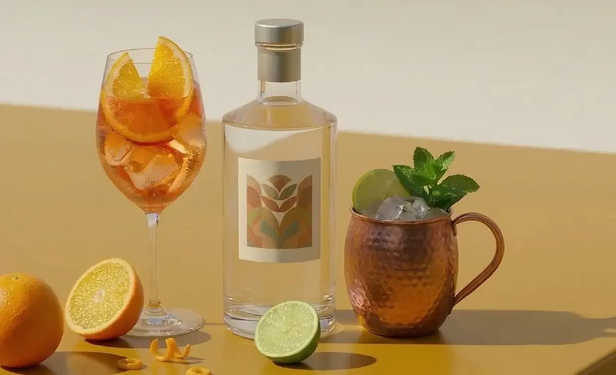 Bottle of spirits, orange cocktail, and copper Moscow Mule with fresh citrus on yellow.