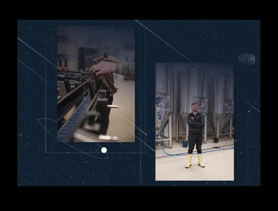 Hands meticulously operate machinery, contrasted with a worker standing before industrial tanks.