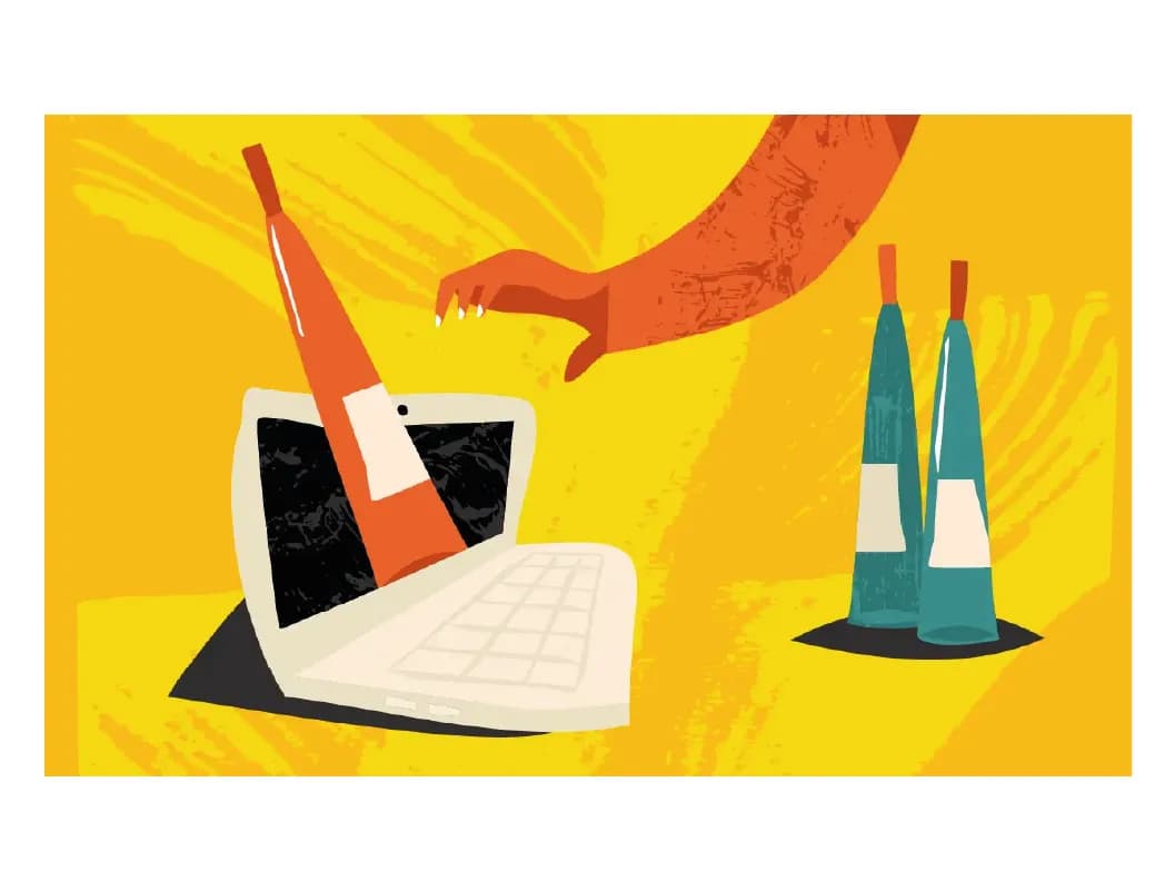 A wine bottle emerges from a laptop screen while a clawed hand reaches for it.