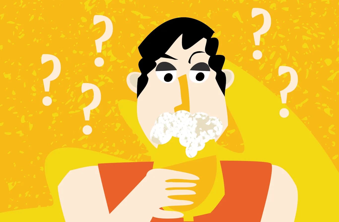Cartoon man with foamy chin and question marks, looking confused on a yellow background.