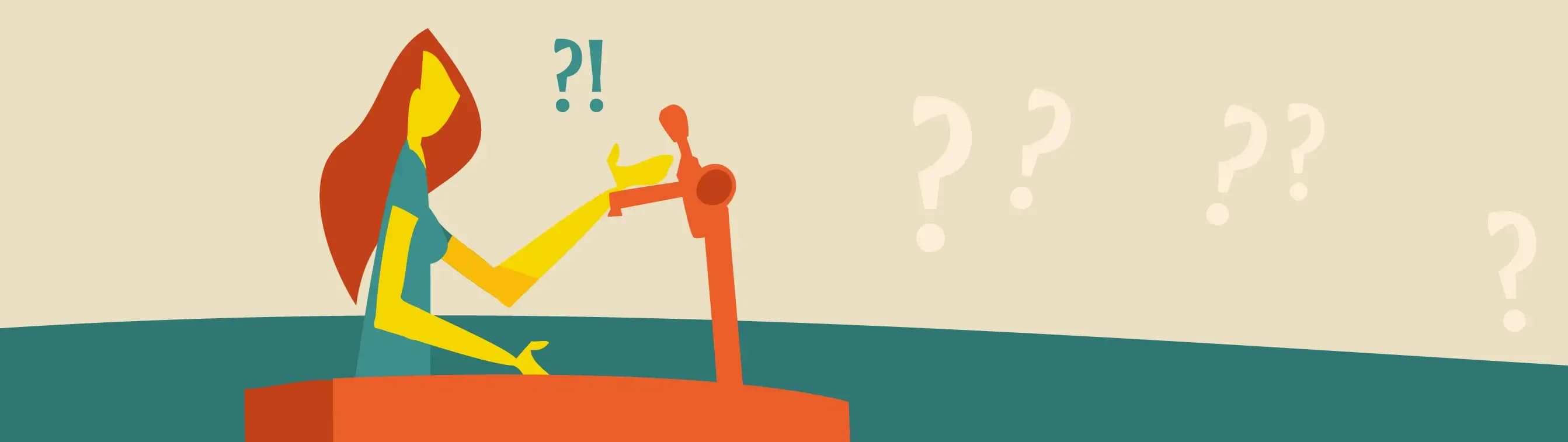 Stylized illustration of a red-haired woman looking perplexed with a question mark and exclamation point.
