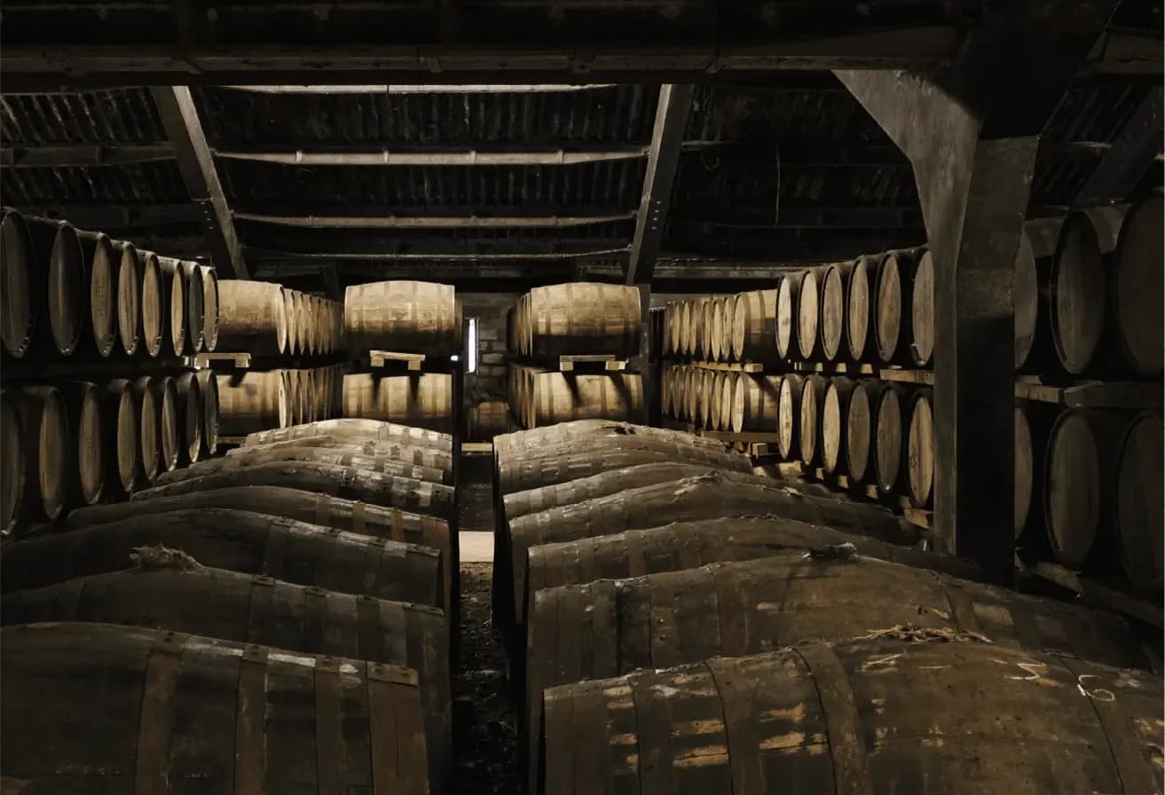 Dark cellar filled with numerous stacked wooden barrels, suggesting a whiskey or wine aging facility.