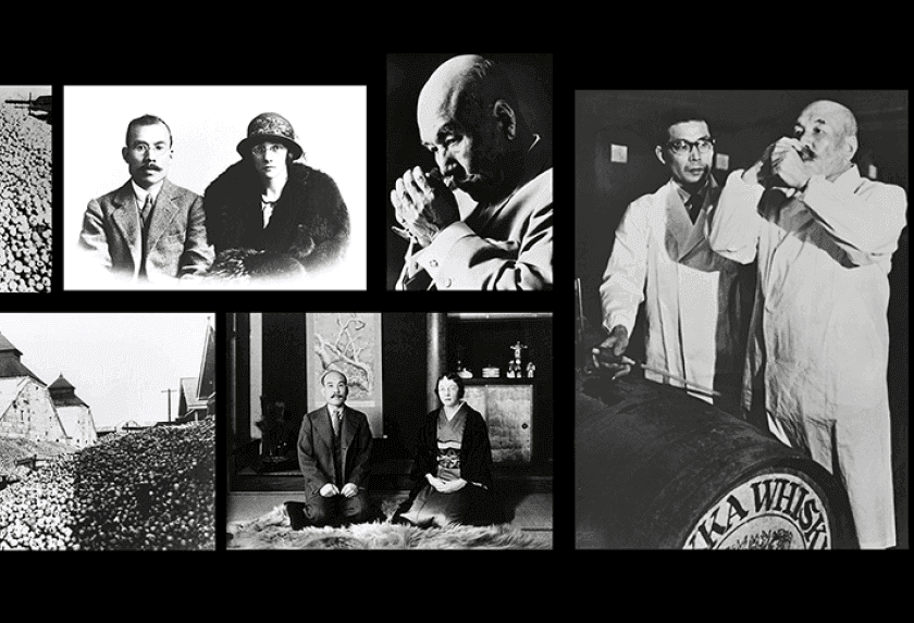 Historical black and white collage showing people, architecture, and a Nikka Whisky barrel.