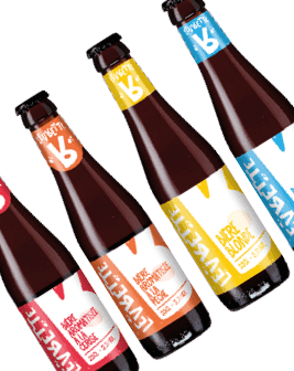 Four dark glass beer bottles with distinct red, orange, yellow, and blue labels.