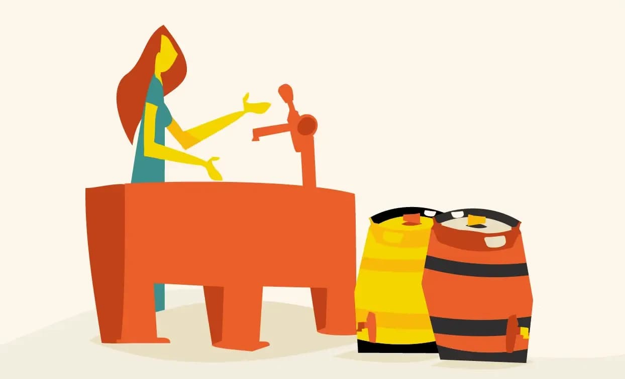 Stylized illustration of a person behind a bar with a beer tap and two barrels.