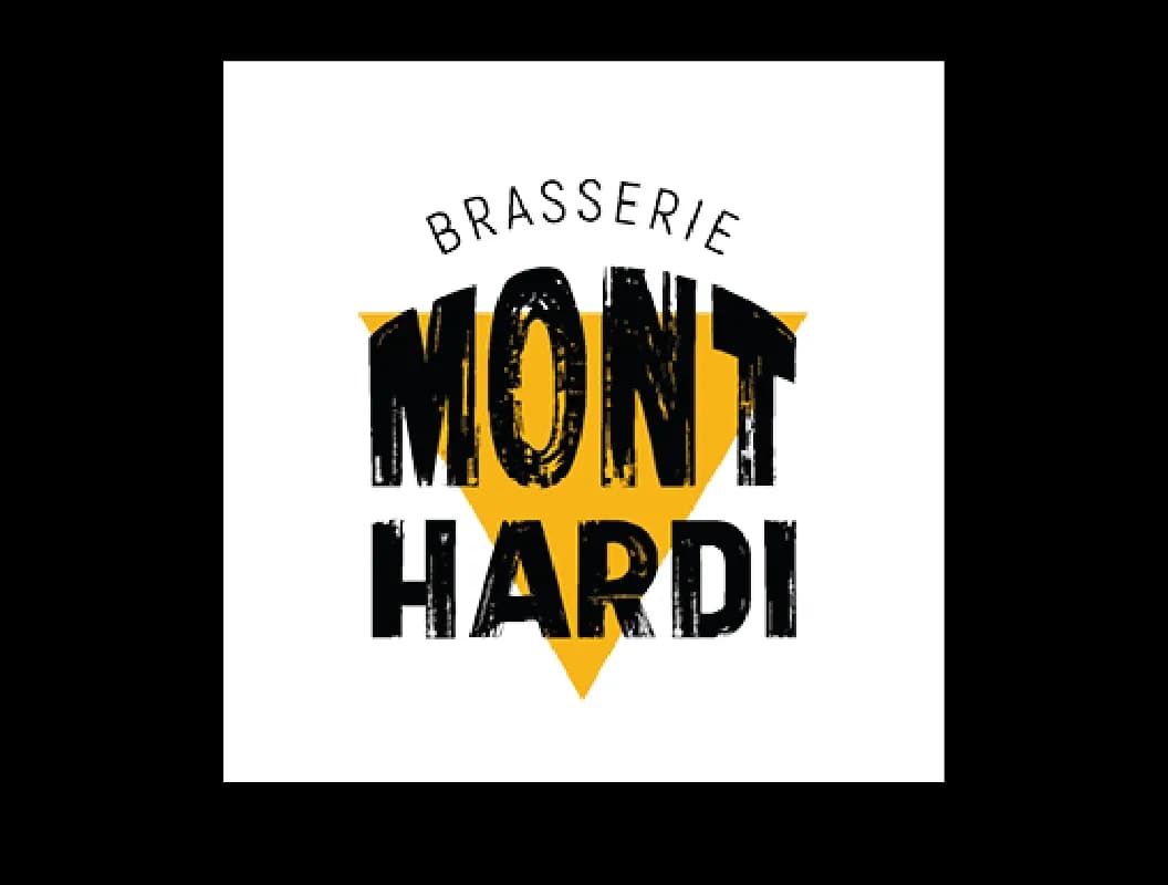 Brasserie Mont Hardi logo with black distressed text over a yellow triangle.
