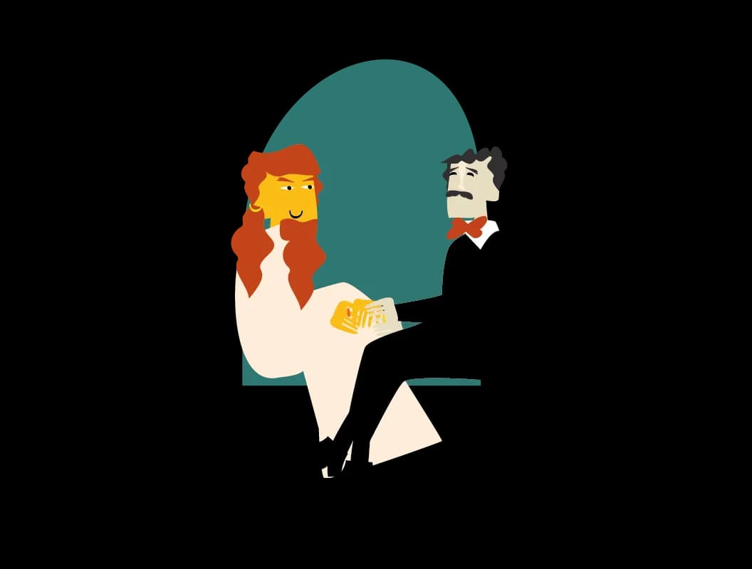 Stylized illustration of a couple, a woman with red hair and a man, holding hands.