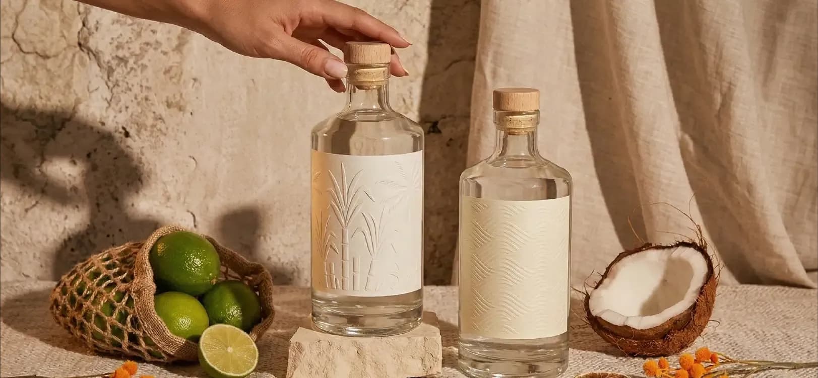 Two glass bottles with wooden corks, limes, and a coconut on a rustic background.