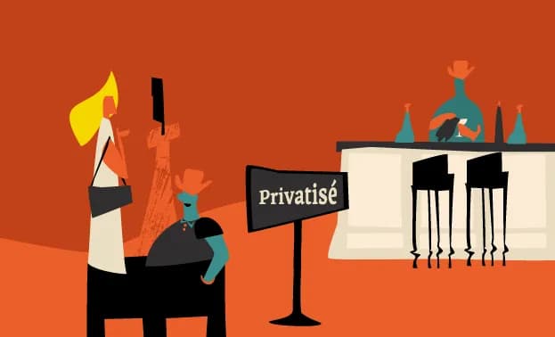 Stylized illustration of a bar scene with two patrons and a 'Privatisé' sign.