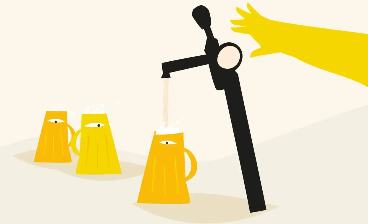 Stylized black beer tap pours into a yellow mug with eyes; two more wait.