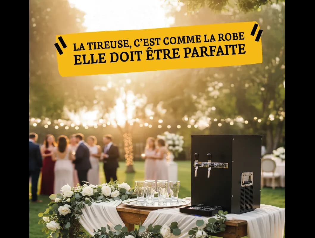 Black beer dispenser at an outdoor wedding with a banner emphasizing perfection.