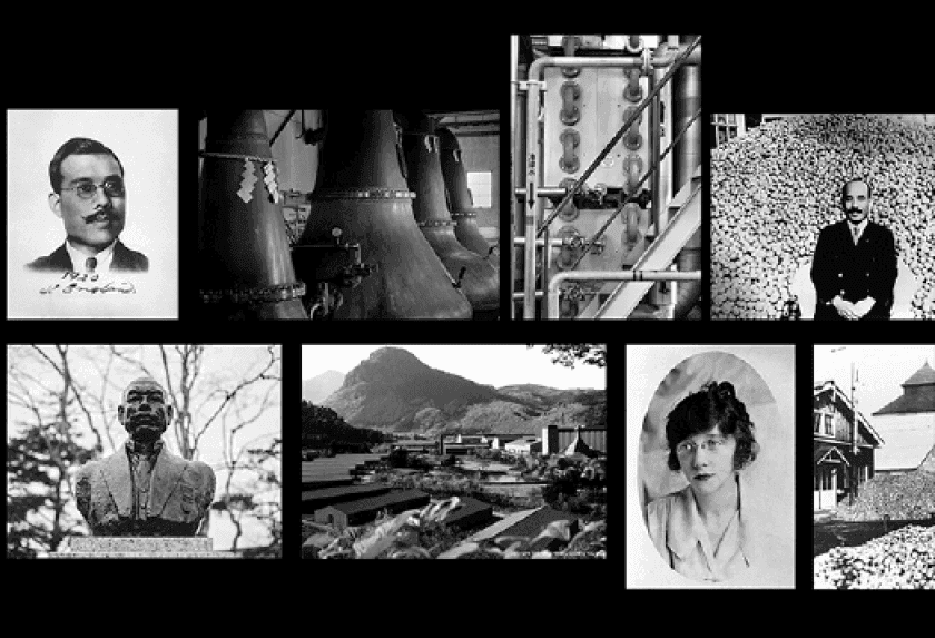Vintage black and white photo collage showing historical portraits, industrial machinery, and landscapes.