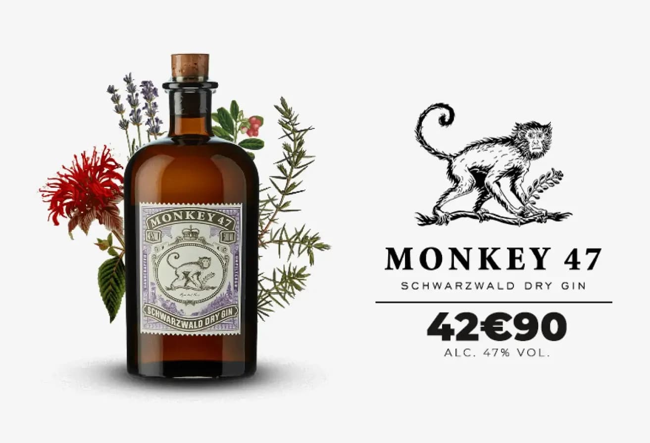 Monkey 47 gin bottle with botanicals, brand logo, and price displayed on a white background.