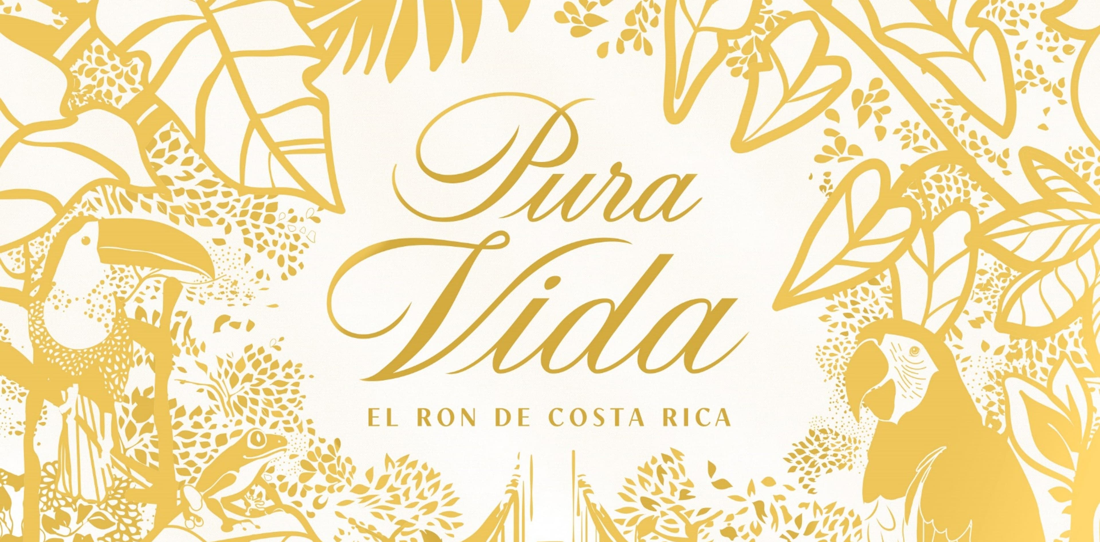 Golden 'Pura Vida' and 'EL RON DE COSTA RICA' text with tropical toucan and macaw illustration.