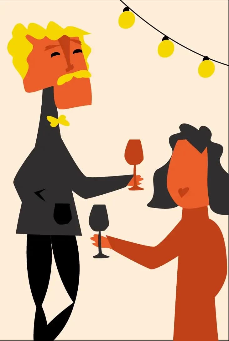 Stylized illustration of a man and woman toasting with wine glasses under party lights.