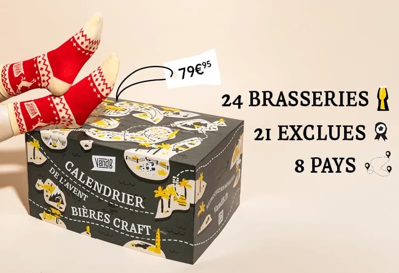 Black advent calendar for craft beers, 79€, with cozy red socks on top.