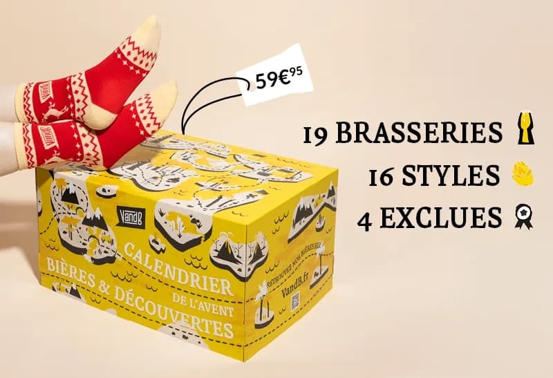 Yellow 'BREWBEER' advent calendar with red festive socks on top, priced at 59€.