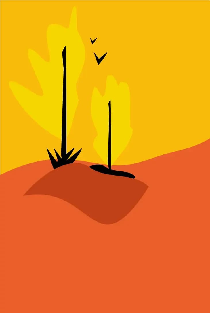 Abstract sunset with dark vertical shapes, long shadows, flying birds, and an orange sky.