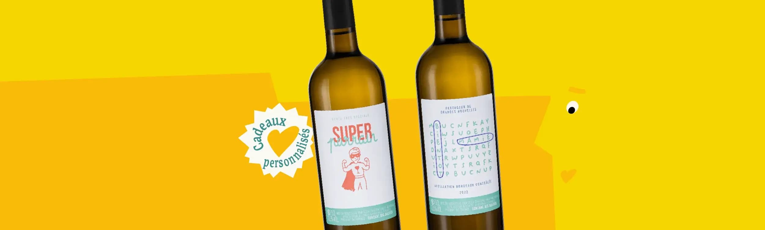 Two white wine bottles with labels, one showing 'SUPER' text, against a yellow background.