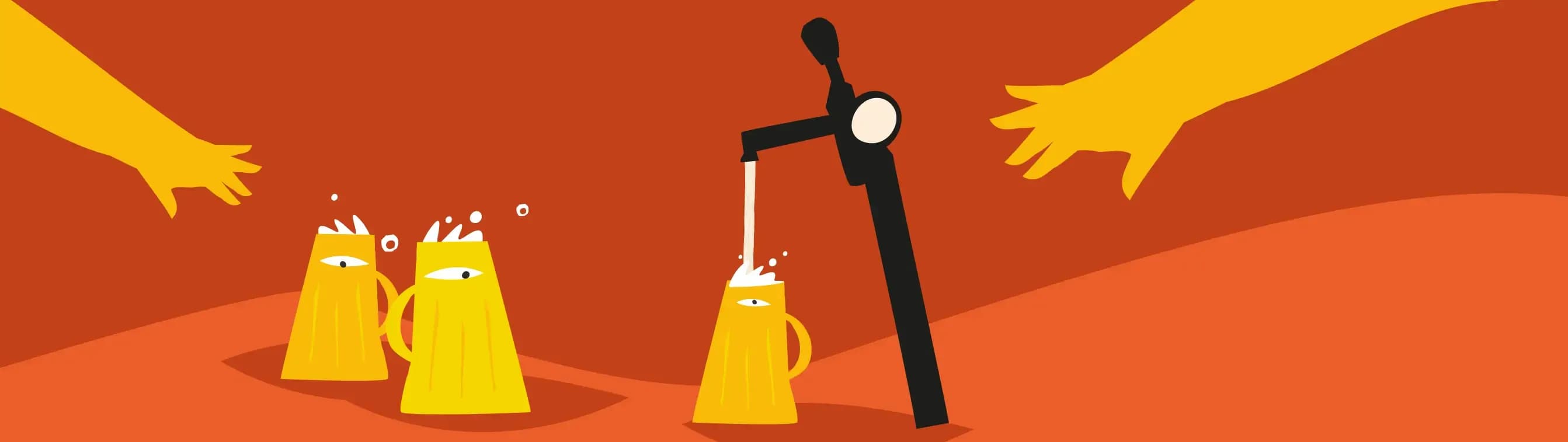Cartoon beer tap pouring into a mug, with two foamy mugs and reaching hands.