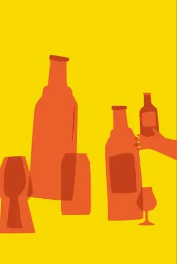 Abstract orange silhouettes of various bottles and glasses against a vibrant yellow background.