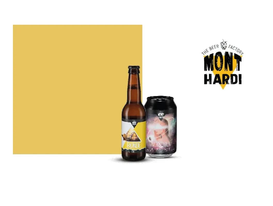 Beer bottle and can with Mont Hardi logo on a white and yellow background.