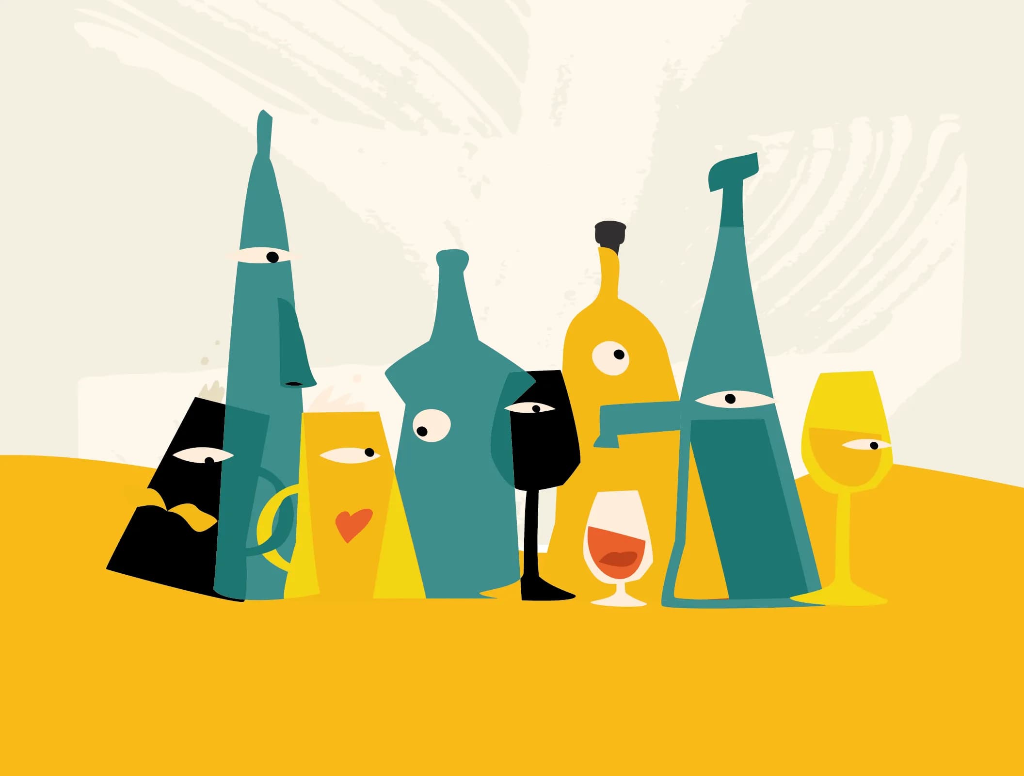 Abstract, stylized bottles and wine glasses with eyes, creating a whimsical scene.