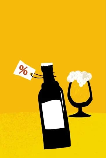 Dark bottle with percentage tag next to a foamy beer glass on a yellow background.