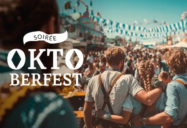 Soirée Oktoberfest event with people celebrating in traditional Bavarian attire under festive banners.
